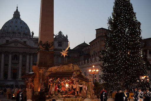 A general view shows the crib next to a Christmas tree in St Peter&#8217;s Square &#8211; it