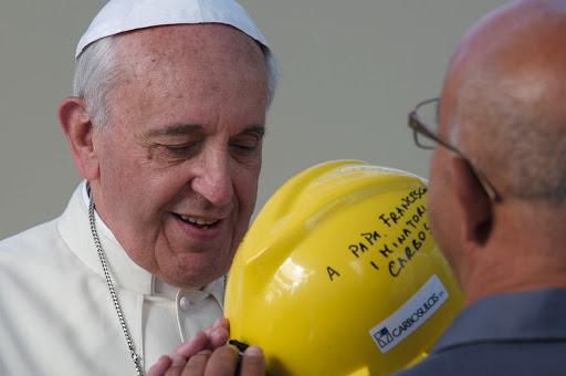 Pope Francis with the workers in Sardinia