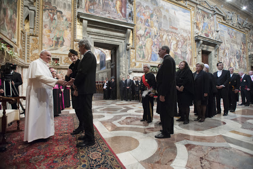 Pope Francis delivers his speech during his meeting with Vatican-based ambassadors at the Vatican &#8211; CPP