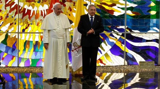 September 20 2015 : Pope Francis meets with Cuba&#8217;s President Raul Castro during a courtesy visit in the Palace of the Revolution in Havana.