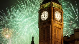 New Year fireworks and Big Ben, Houses of Parliament, Westminster, London, England, United Kingdom, Europe