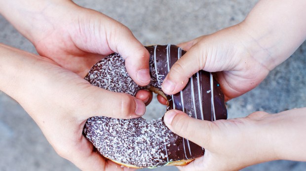 children's hands holding a chocolate donut. two kids pull to themselves donut. closeup.the concept of sharing food