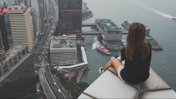 GIRL, ABOVE, SKYSCRAPER