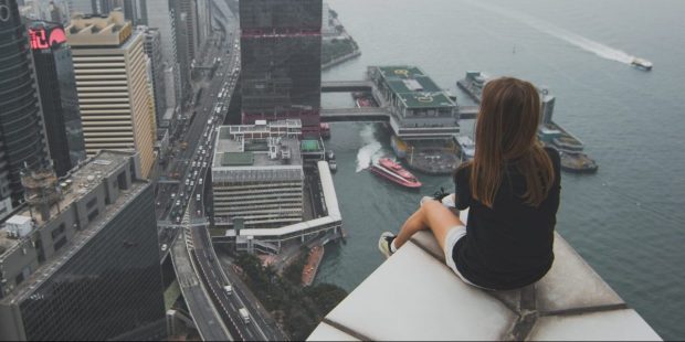 GIRL, ABOVE, SKYSCRAPER