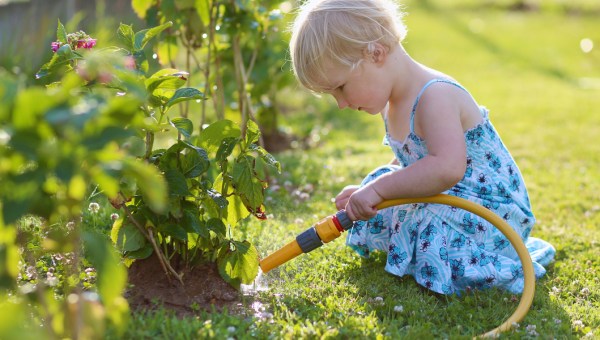 GIRL, WATERING, FLOWERS