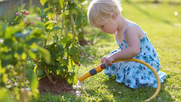 GIRL, WATERING, FLOWERS