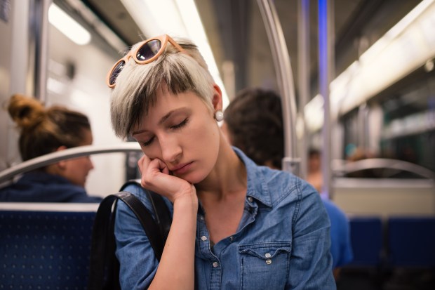GIRL, SLEEPING, SUBWAY