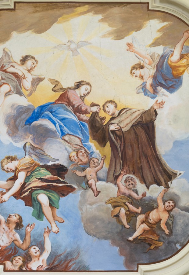 Szymon Stock otrzymuje szkaplerz z rąk Matki Bożej - fresk w kościele "Madonna del Carmine" w Marostica we Włoszech
