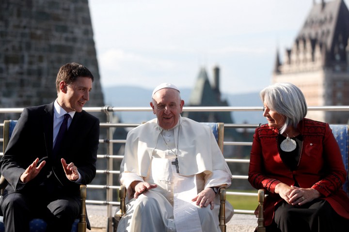 Canadian Prime Minister Justin Trudeau, Pope Francis, and Governor General of Canada Mary Simon sit for a photo at the Citadelle de Québec in Quebec City, Quebec