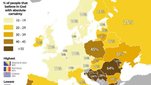 Mapa mostra número de habitantes que acreditam em Deus com absoluta certeza