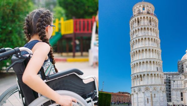 TORRE DI PISA, BAMBINA SEDIA A ROTELLE,