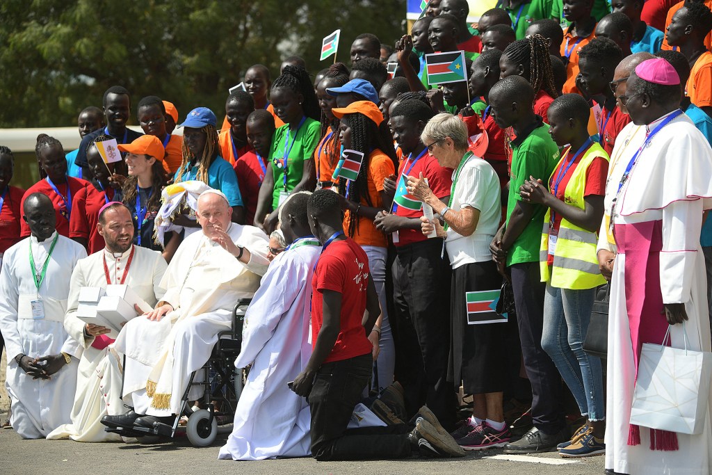 Pope Francis speaks to youth after a meeting at the Cathedral of Saint Therese in Juba